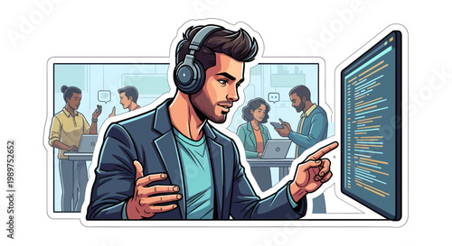man wearing headphones explaining on computer screen in office