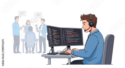 programmer working on computer with headset on, coding with colleagues in background