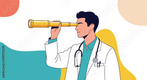 Visionary doctor in a lab coat with a stethoscope looking through a telescope at the future of healthcare.