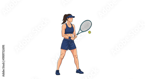 Professional female tennis player standing ready with her racket and ball in an athletic outfit on white.