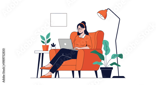 Young woman working on her laptop while sitting comfortably in a large orange armchair in a cozy room.