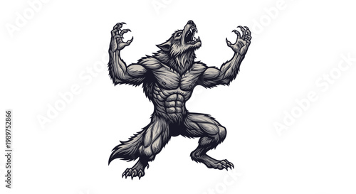 Aggressive and muscular werewolf mascot standing in a menacing pose with claws extended and mouth open.