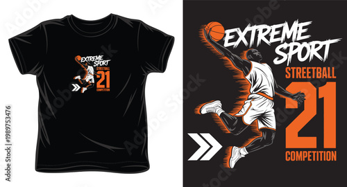 Extreme sport streetball 21 competition typography t-shirt design, basketball player jumping with ball vector illustration.
