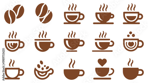 Coffee bean and cup icons set, dark brown graphic elements on beige background, various modern designs, clean elegant style, high quality professional artwork