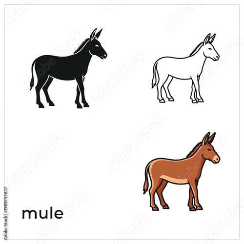 Black silhouette mule outline and colored mule drawing on transparent background.
