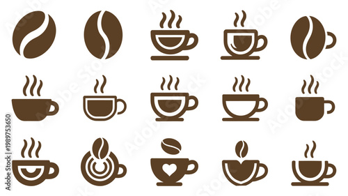 Coffee bean and cup icons set, dark brown graphic elements on beige background, various modern designs, clean elegant style, high quality professional artwork
