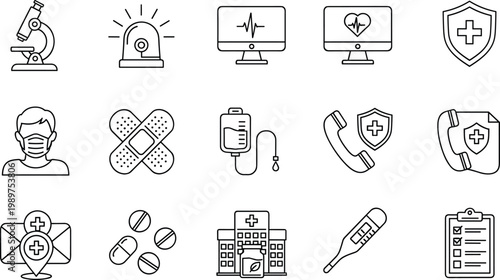 Healthcare medical communication icons, hospital emergency response symbols, patient care graphics, diagnostics research illustration, medicine pills thermometer design, monitoring heart computer