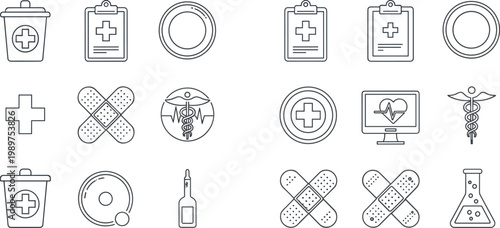 Healthcare medical practice icons, laboratory research symbols, hospital emergency graphics, medicine ampoule flask illustration, diagnostics clipboard monitor heart rate design
