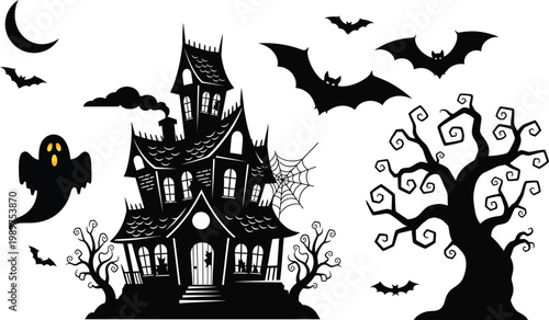 halloween background with haunted house and bats, flying bats and full moon