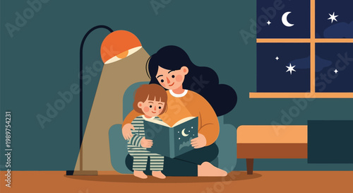 Mother reading bedtime story to young child under lamp at night