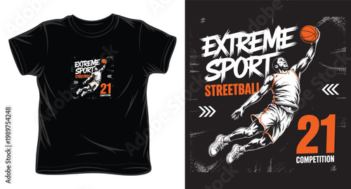 Extreme sport streetball competition with basketball player dunking.