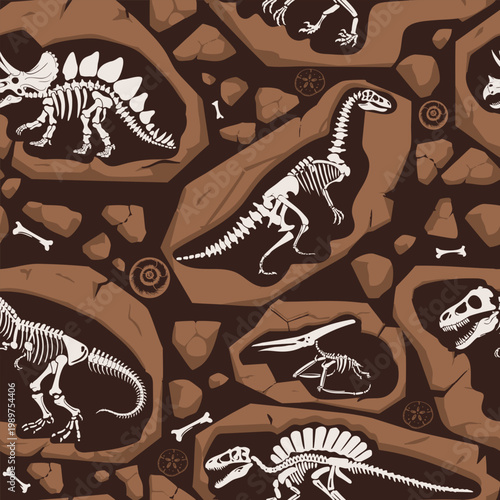 Seamless  Dino skeleton pattern, print for T-shirts, textiles, wrapping paper, web. Original design with t-rex,dinosaur skeleton.  grunge design for boys . 