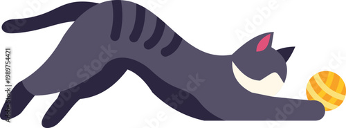 Cat stretching its body while playing with a yellow ball