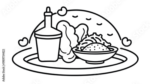 Stylized outline of a meal set with rice, chicken, and salad on a platter