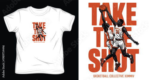 Vintage style basketball collective t-shirt design with two players jumping for the ball on white background.