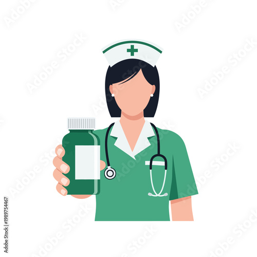 Nurse in green scrubs holding a medicine bottle