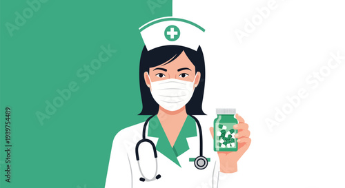 Nurse with Mask and Medicine Bottle Vector Illustration