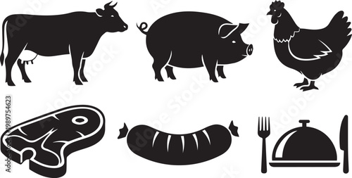 Farm Animal Silhouettes and Meat Product Vector Icons