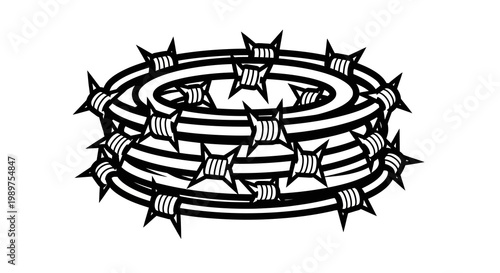 Barbed wire crown with sharp spikes in black and white illustration