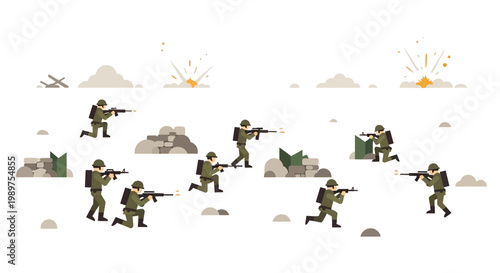 Illustration of Soldiers in Combat with Explosions and Barricades