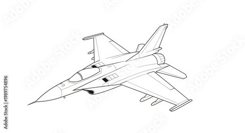 Line art illustration of a military fighter jet in flight