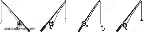 fishing rod icon, solid black, white background, minimalist, sharp edges, vector file.