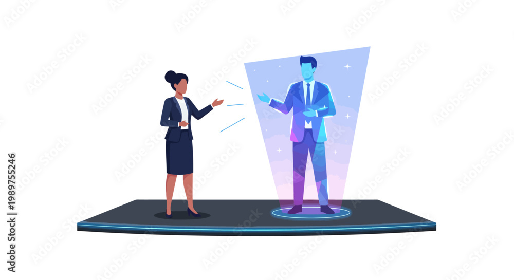 Obraz premium Businesswoman interacting with virtual colleague in office