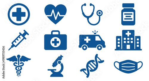 Medical healthcare icons set including hospital, ambulance, syringe, stethoscope, DNA, microscope, mask, first aid and medicine symbols