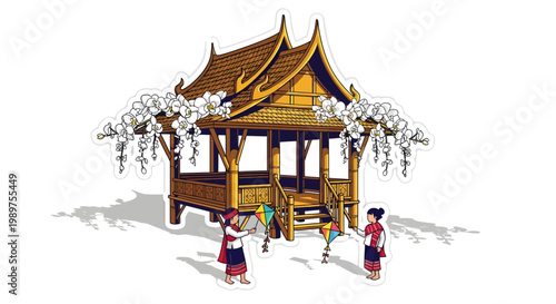 Traditional Thai wooden gazebo with people in cultural attire