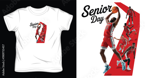 Senior day basketball player dunking on white t-shirt design.