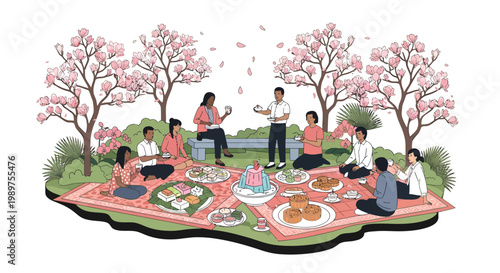 people having picnic under blooming cherry blossom trees