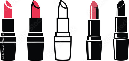 Five lipsticks in black cases with various shades of pink and red