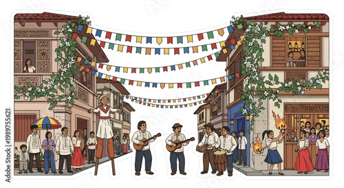 Vibrant street festival with musicians and colorful decorations