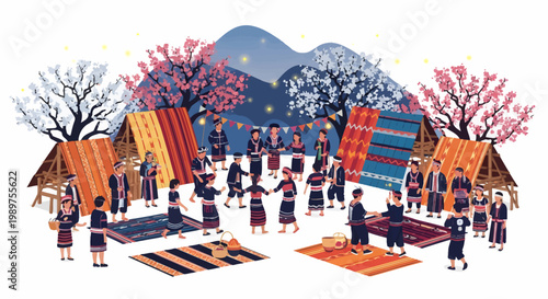 vibrant cultural festival with people and colorful textiles