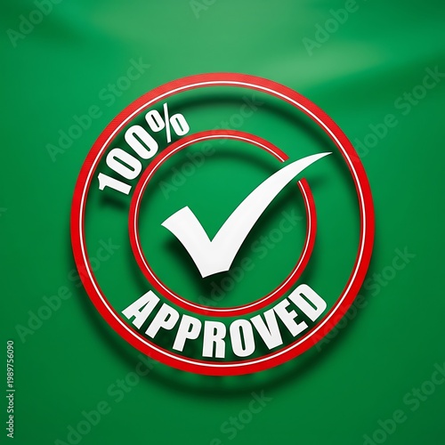 Graphic design features a dimensional confirmation seal with checkmark and text on a vibrant green background.