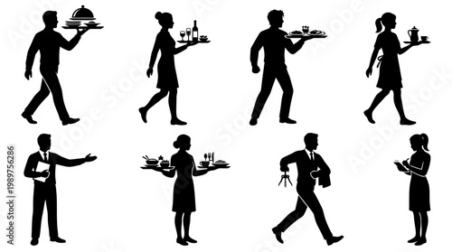 Restaurant Staff Silhouettes: Waiters and Waitresses Serving Food and Drinks