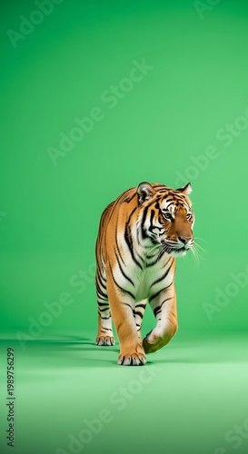 Majestic tiger strides forward against vibrant green backdrop.
