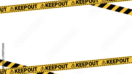 「立入禁止」「keep out」の警告テープのフレーム。テキストエリア。コピースペース。（"keep out" warning tape frame. Text area. Copy space.）
