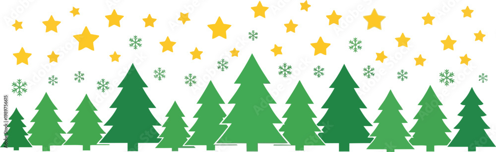 Obraz premium Christmas Pine Tree Forest Vector Border with Golden Stars and Snowflakes Design Concept
