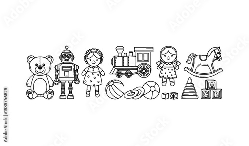 Classic kids toys collection with teddy bear robot train and rocking horse black and white vector set