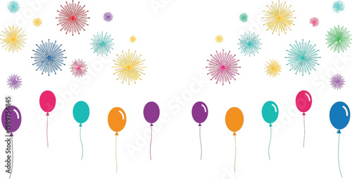 New Year Party Icon Set with Colorful Fireworks Hats and Confetti Design Concept