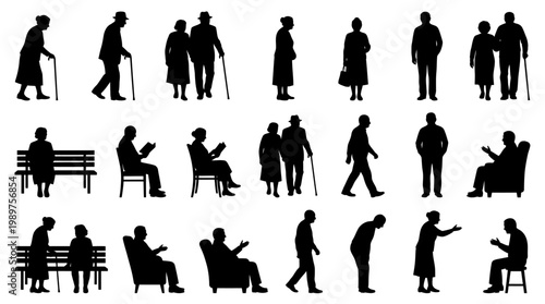 Elderly People Silhouettes: Walking, Sitting, Reading, and Standing