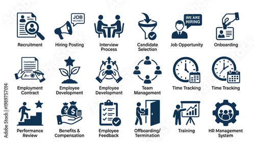 HR Management Icons: Recruitment, Hiring, Onboarding, Performance, Feedback