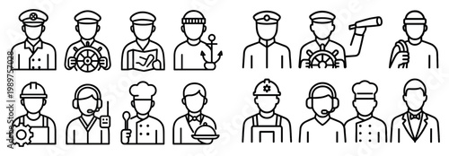 Profession icons with captain chef worker outline