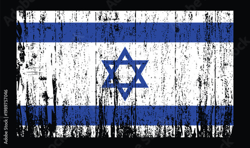 Distressed Israeli flag with Star of David emblem and blue stripes on textured background