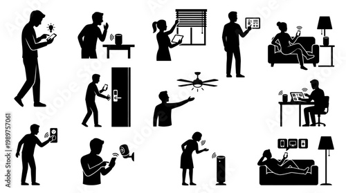 Smart Home Technology Silhouettes: People Controlling Devices with Phones and Voice