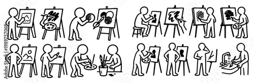 Art class icons with easel palette brush outline