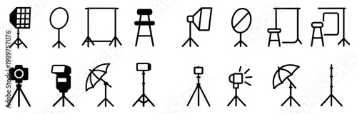 Studio lighting icons with tripod umbrella flash outline