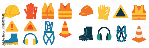 Construction icons with helmet vest cone flat