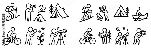 Outdoor icons with tent hiker telescope minimal